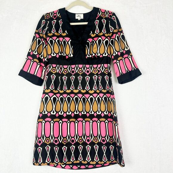 Milly New York Vintage Silk Mod Retro Shift Dress Size 4 Art Geometric - Picture 1 of 7